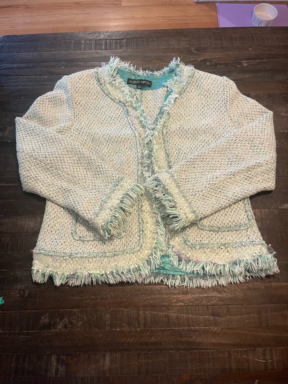 Vintage 1980s Albert Nipon Turquoise Green Woven Suit Jacket w/Fringe Womens 16